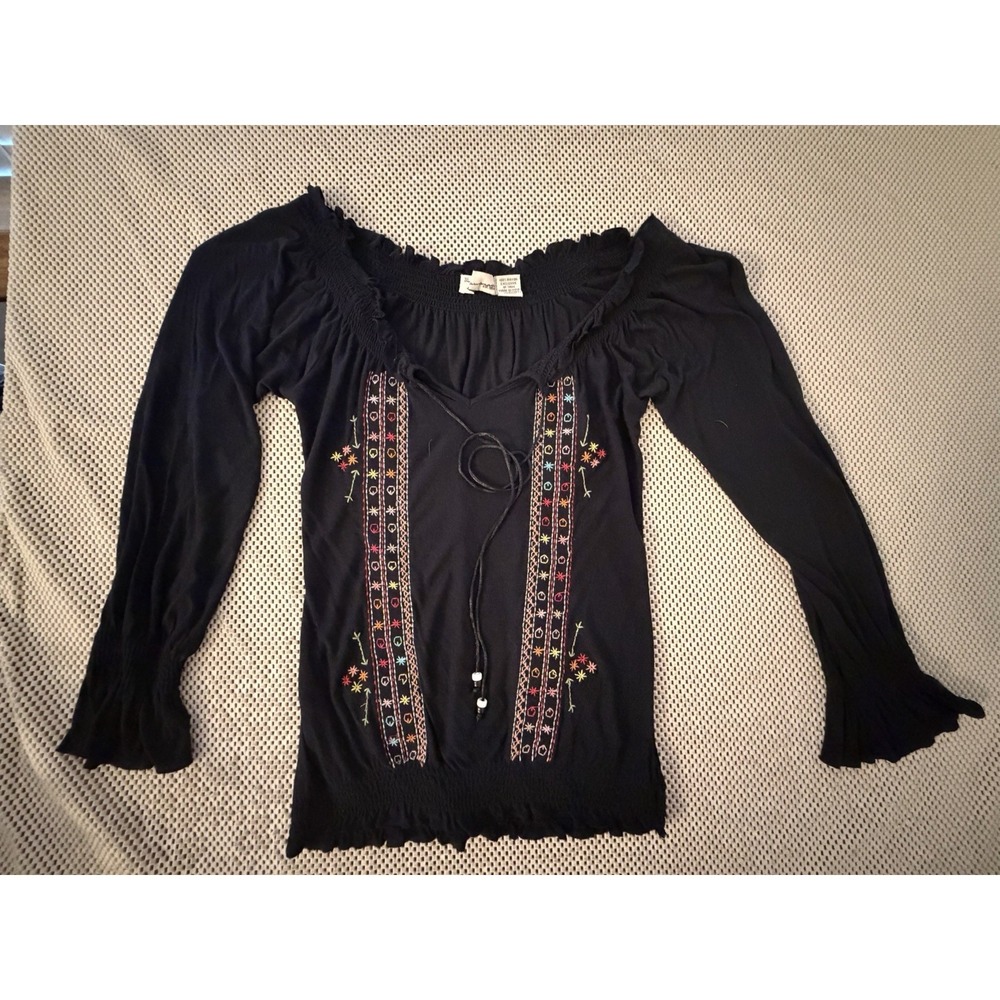 Vintage Havana Top Blouse S On/off Shoulder Embroidered Black Elastic Waist Boho - Picture 5 of 11